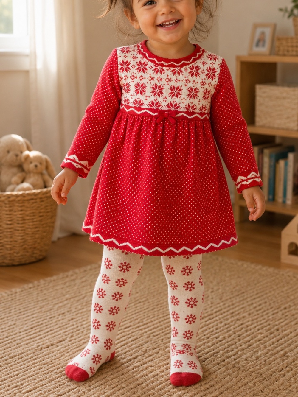 Hanna Andersson Red Fair Isle Nordic Knit Holiday Dress with Snowflake Tights